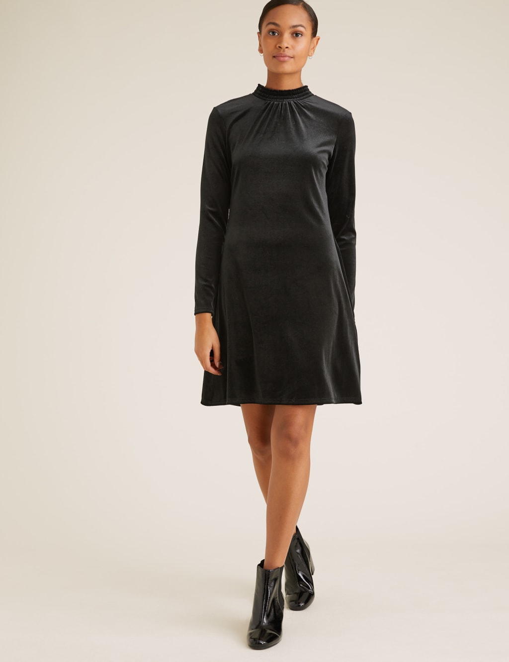 Velvet Shirred Neck Swing Dress 3 of 5