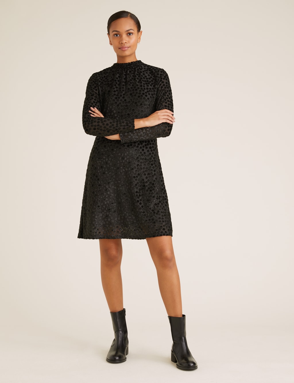 Velvet Polka Dot High Neck Swing Dress M S Collection M S