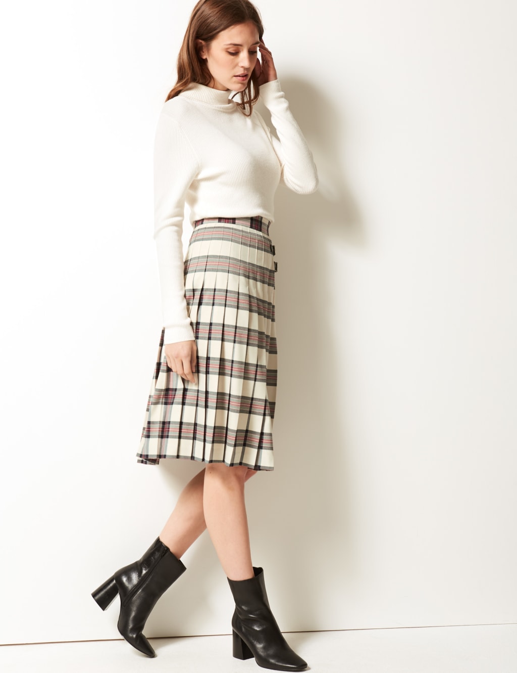 Checked Pleated Midi Skirt M S Collection M S