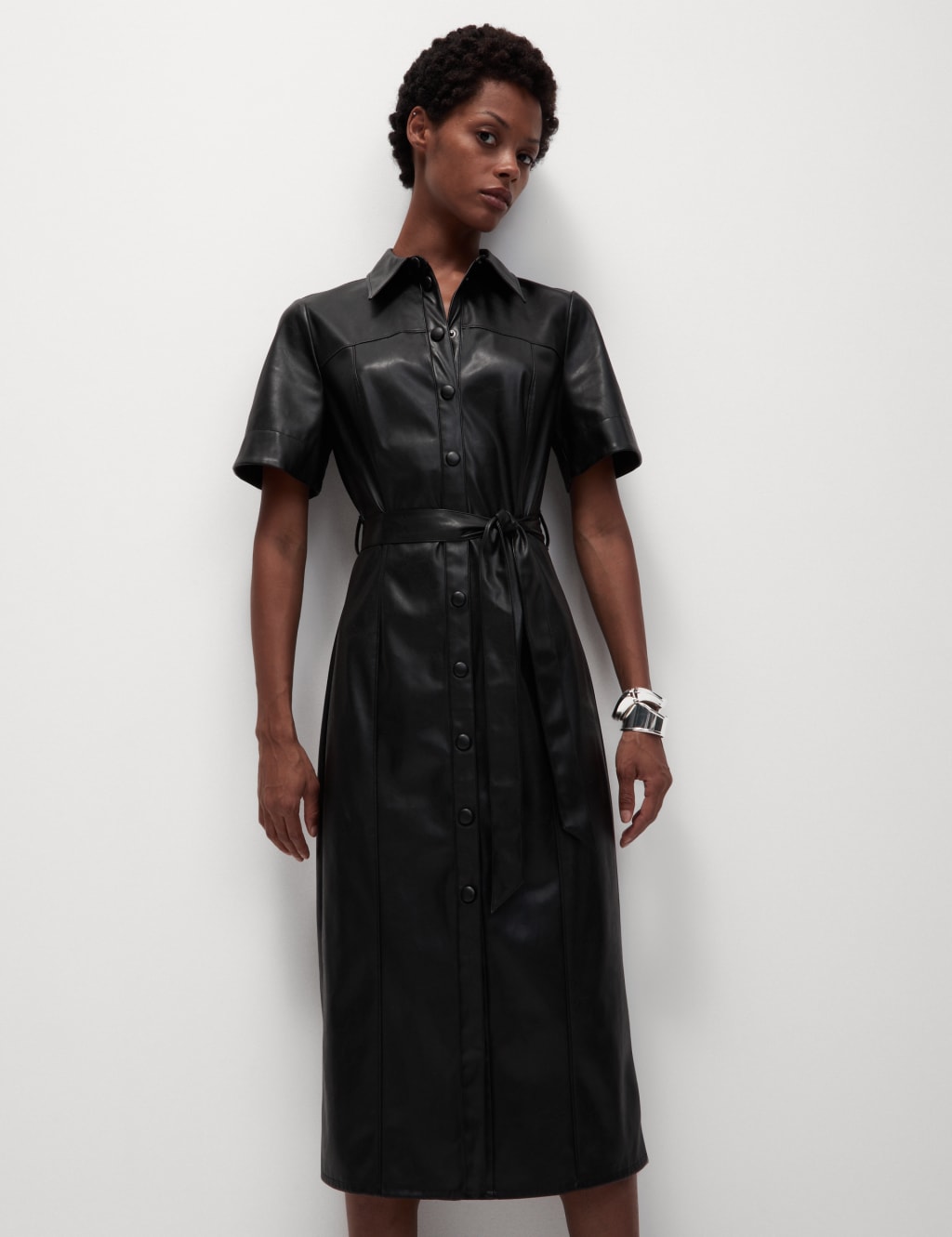 Black leather belted dress discount