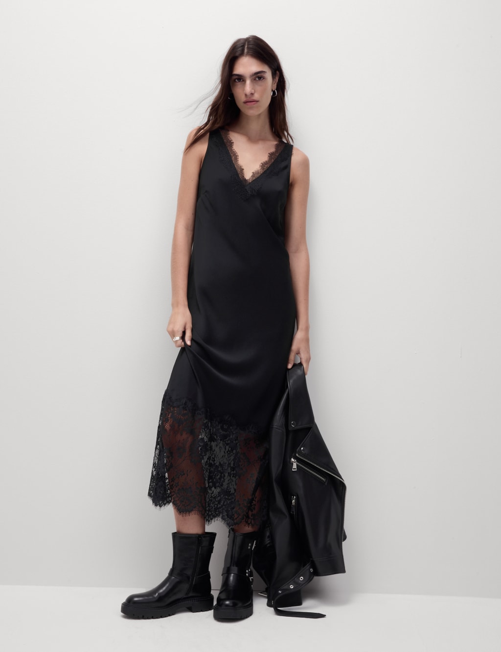 V Neck Lace Insert Midaxi Slip Dress