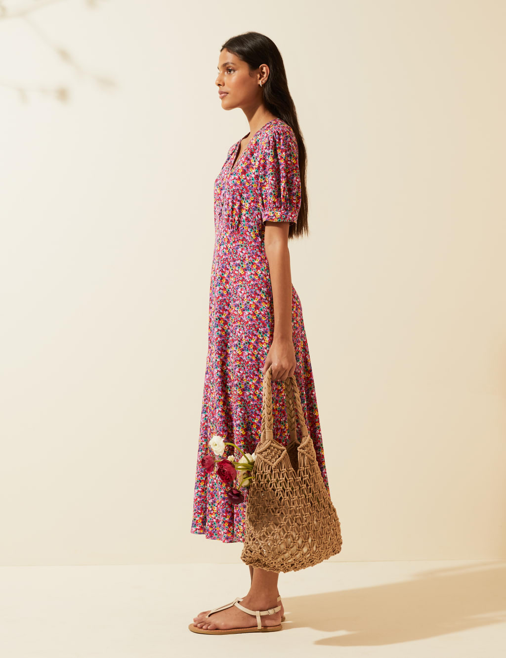 Floral V-Neck Puff Sleeve Midi Tea Dress 3 of 7