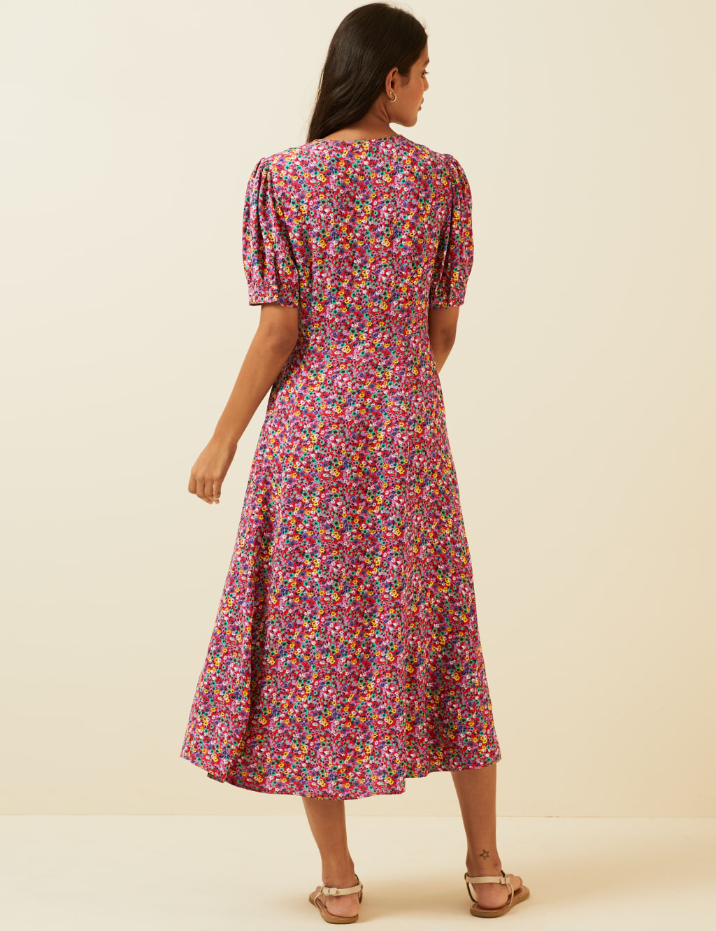 Floral V-Neck Puff Sleeve Midi Tea Dress 4 of 7