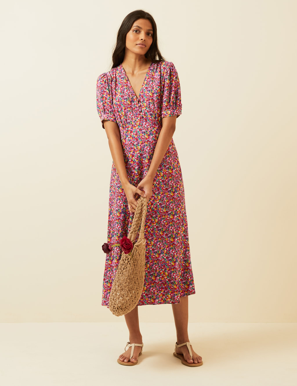 Floral V-Neck Puff Sleeve Midi Tea Dress 6 of 7