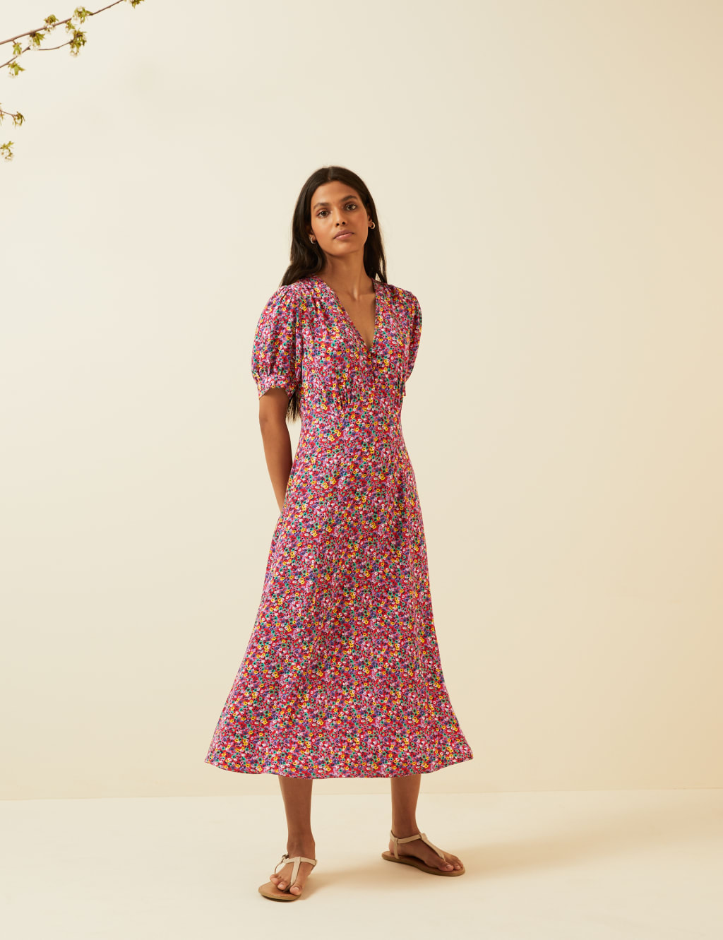 Floral V-Neck Puff Sleeve Midi Tea Dress 7 of 7