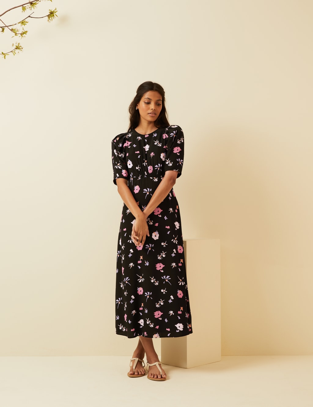 Floral Puff Sleeve Midi Tea Dress 3 of 7