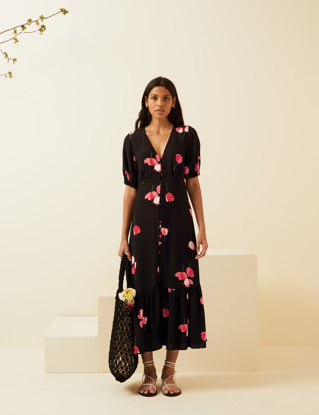 Floral V-Neck Button Through Midi Tea Dress 3 of 7