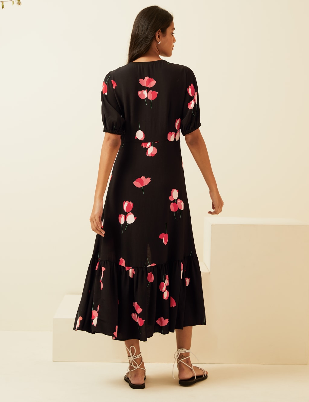 Floral V-Neck Button Through Midi Tea Dress 4 of 7