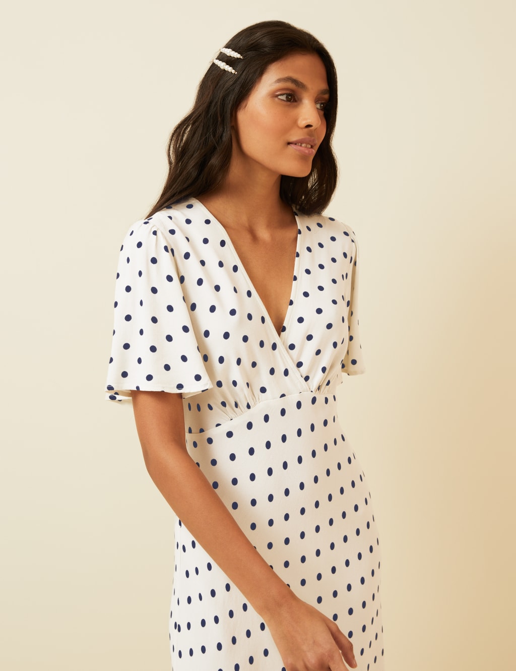 Polka Dot V-Neck Angel Sleeve Midi Dress 3 of 7
