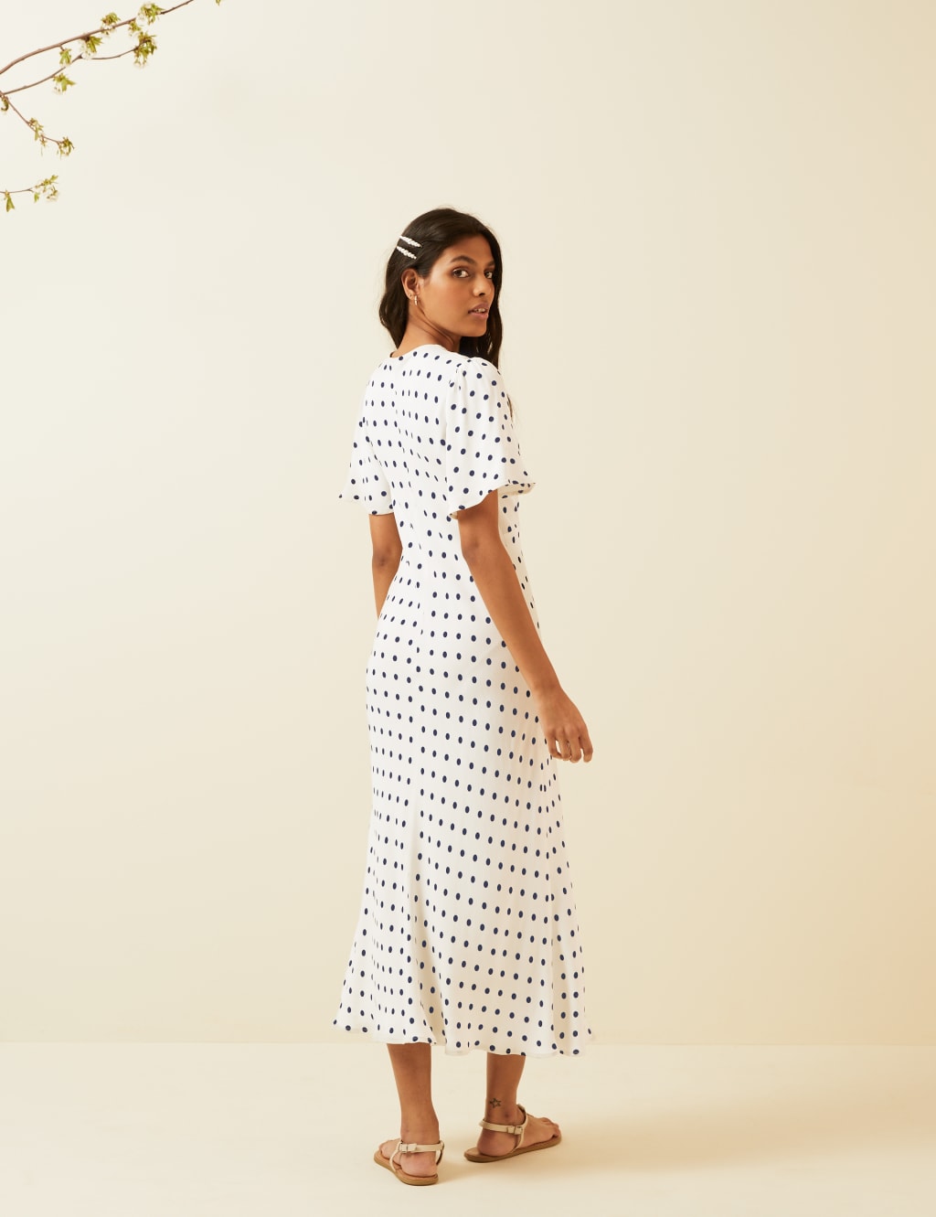 Polka Dot V-Neck Angel Sleeve Midi Dress 4 of 7