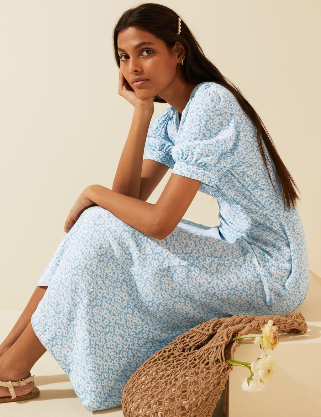 Floral V Neck Puff Sleeve Midi Tea Dress