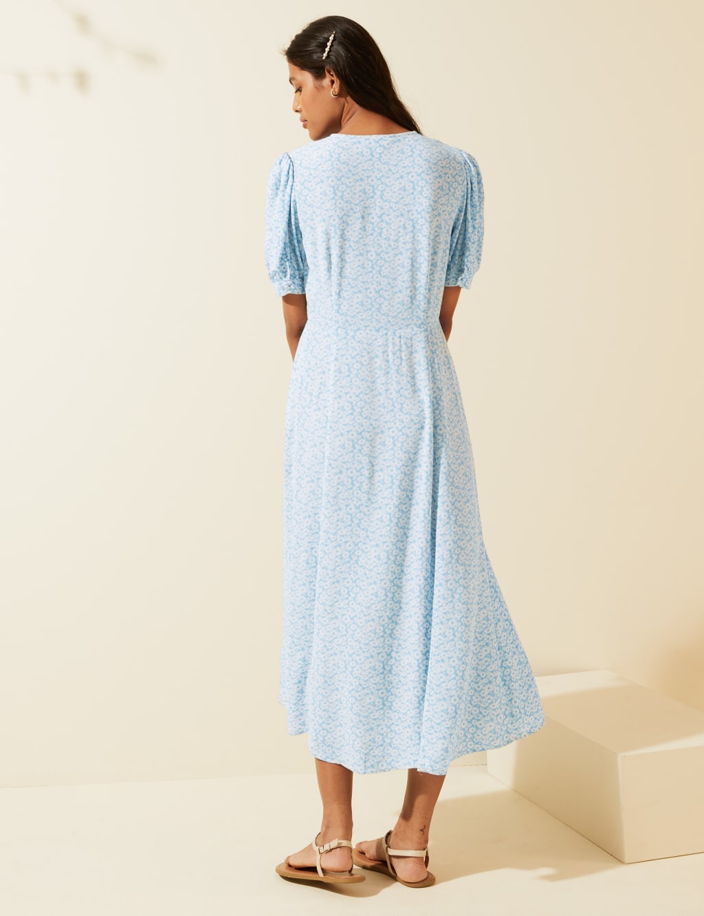 Floral V-Neck Puff Sleeve Midi Tea Dress 4 of 7