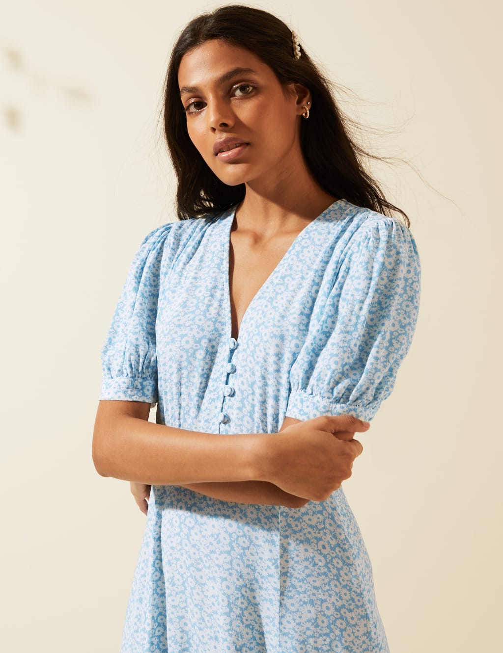 Floral V-Neck Puff Sleeve Midi Tea Dress 6 of 7