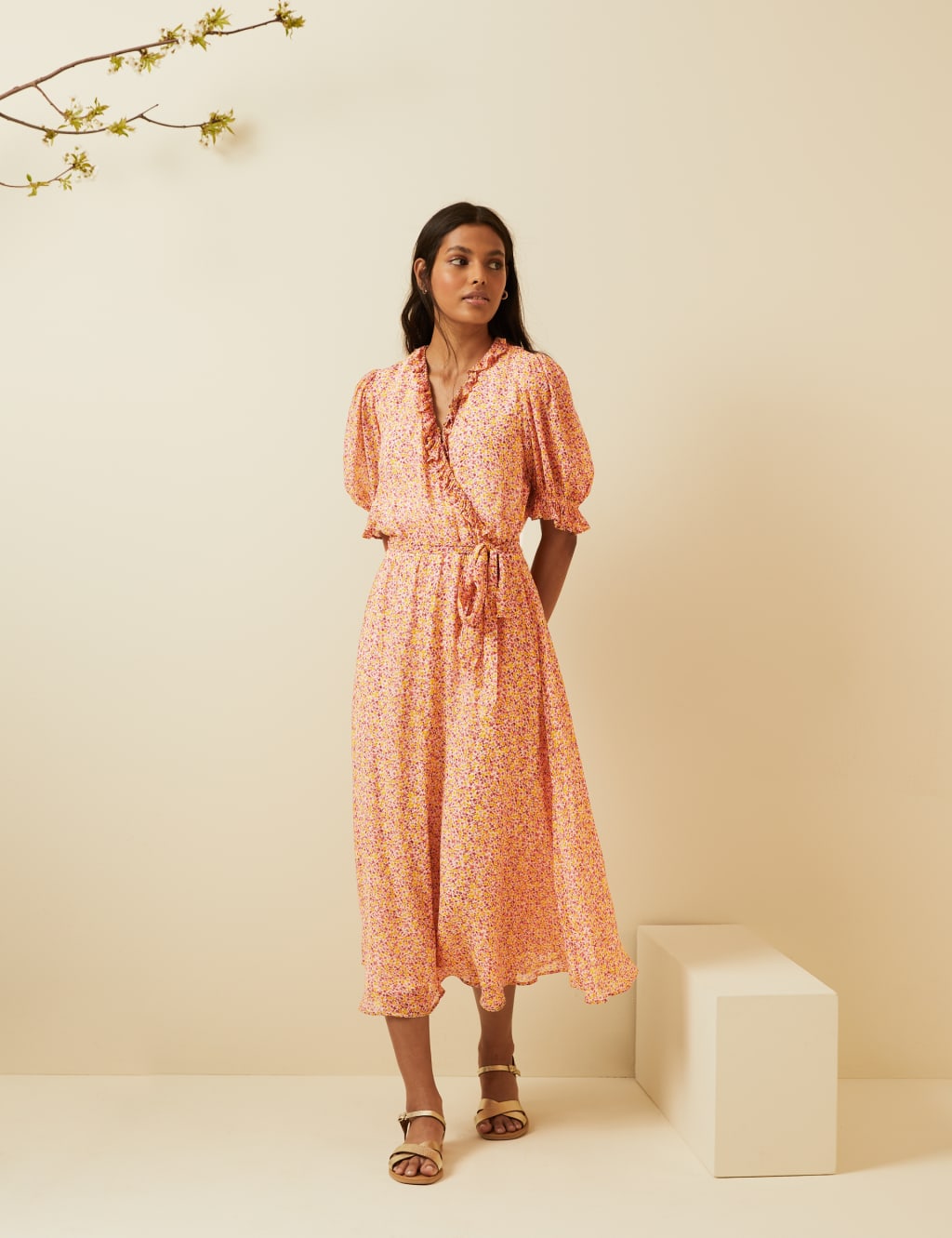 Wrap ruffle midi dress online