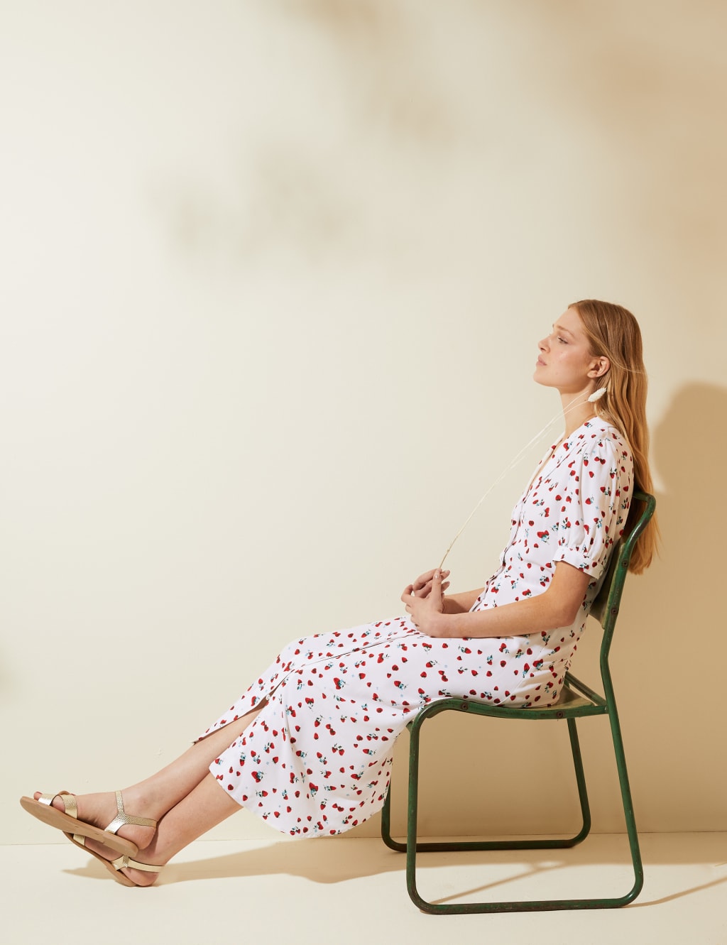 Strawberry Print Puff Sleeve Midi Tea Dress M S X GHOST M S