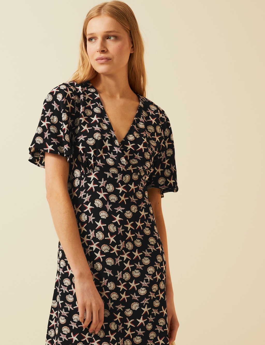 Printed V Neck Angel Sleeve Midi Tea Dress M S X GHOST M S