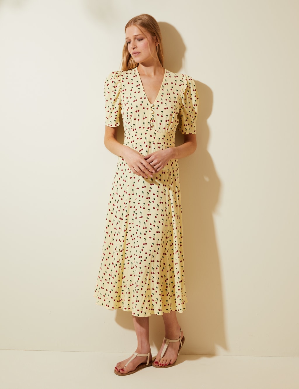 Cherry Print Button Detail Midi Tea Dress 3 of 6