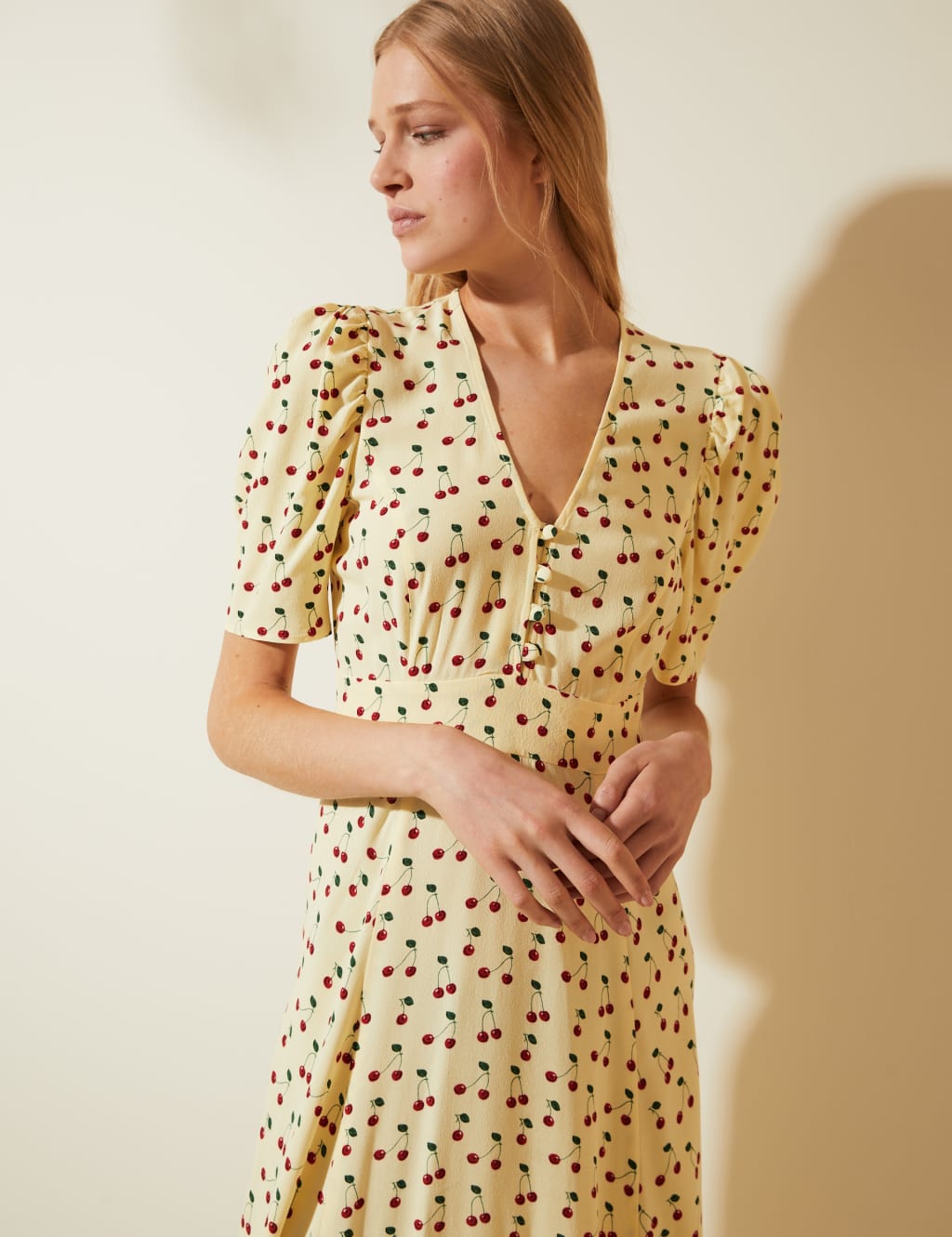 Cherry Print Button Detail Midi Tea Dress 5 of 6