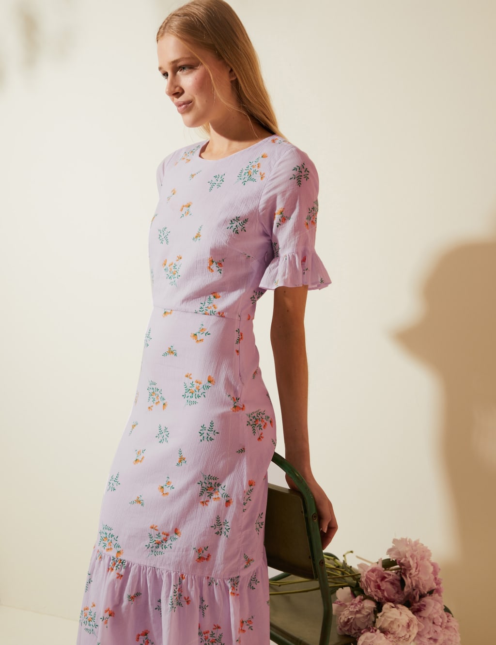 Pure Cotton Floral Frill Sleeve Midi Dress 1 of 5