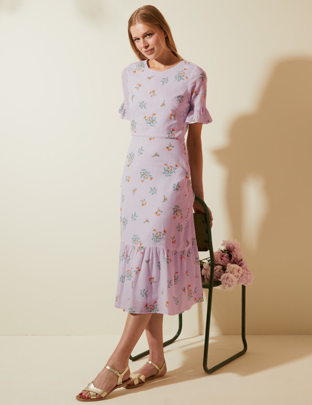 Pure Cotton Floral Frill Sleeve Midi Dress 3 of 5