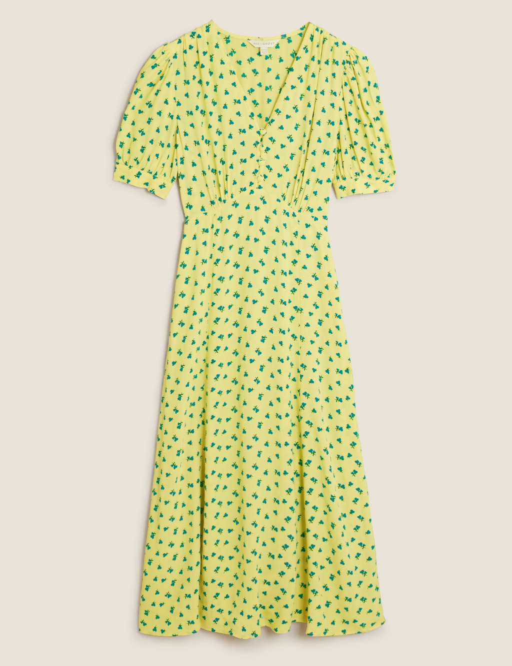 Printed V-Neck Puff Sleeve Midi Tea Dress 2 of 7