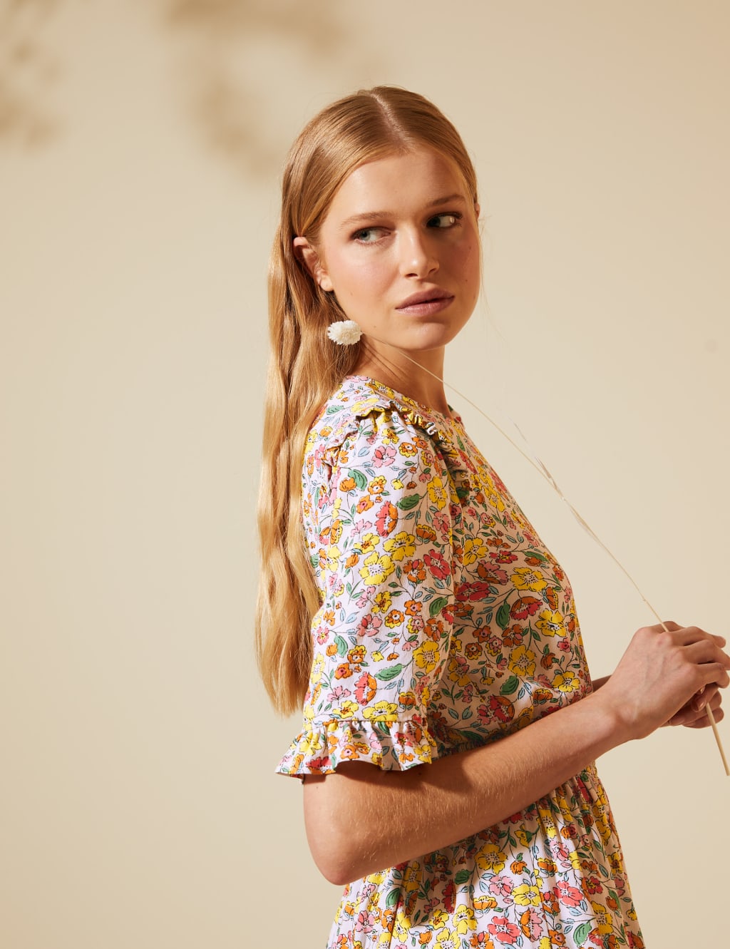 Floral Frill Detail Shirred Midi Tea Dress 1 of 9