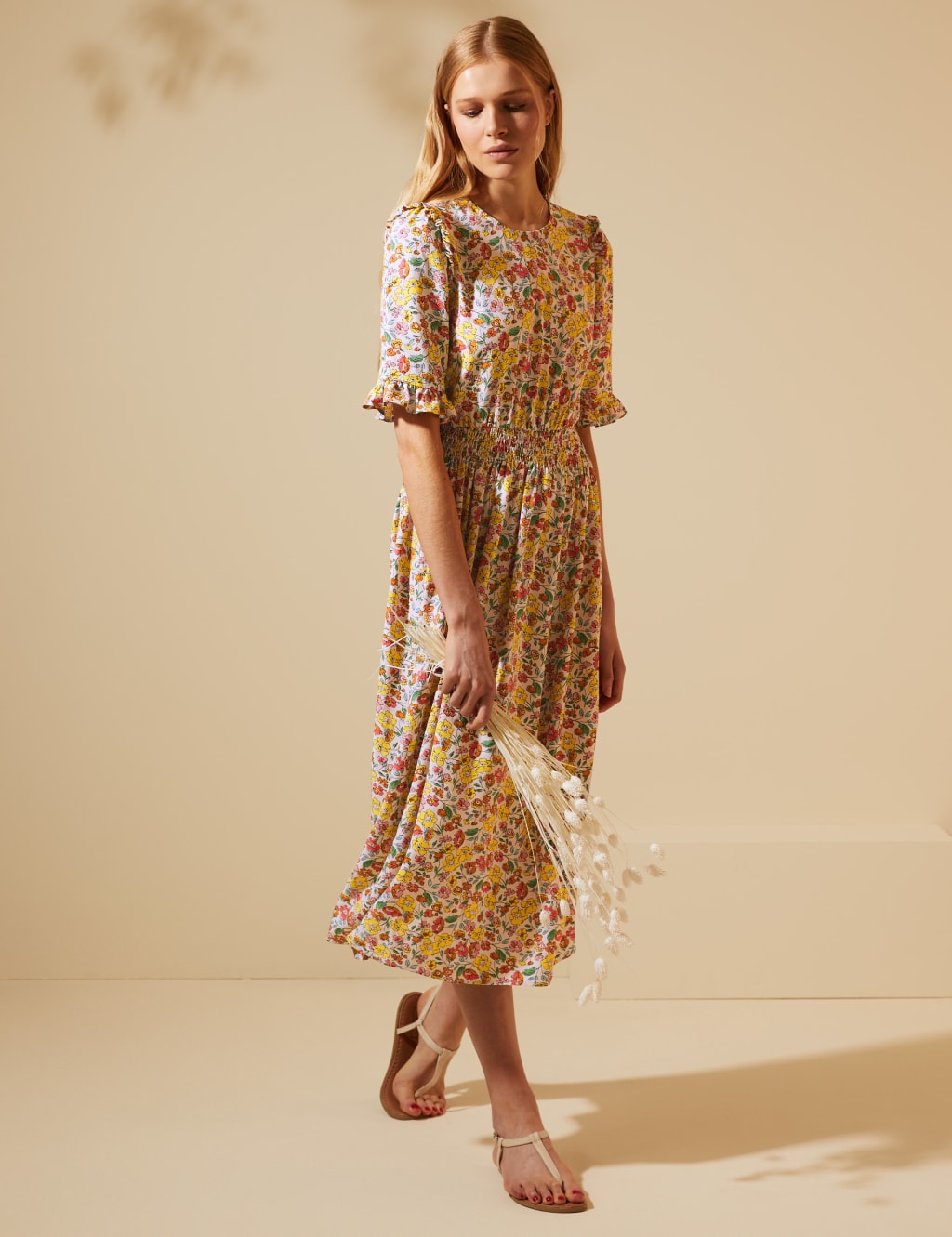 Floral Frill Detail Shirred Midi Tea Dress 5 of 9