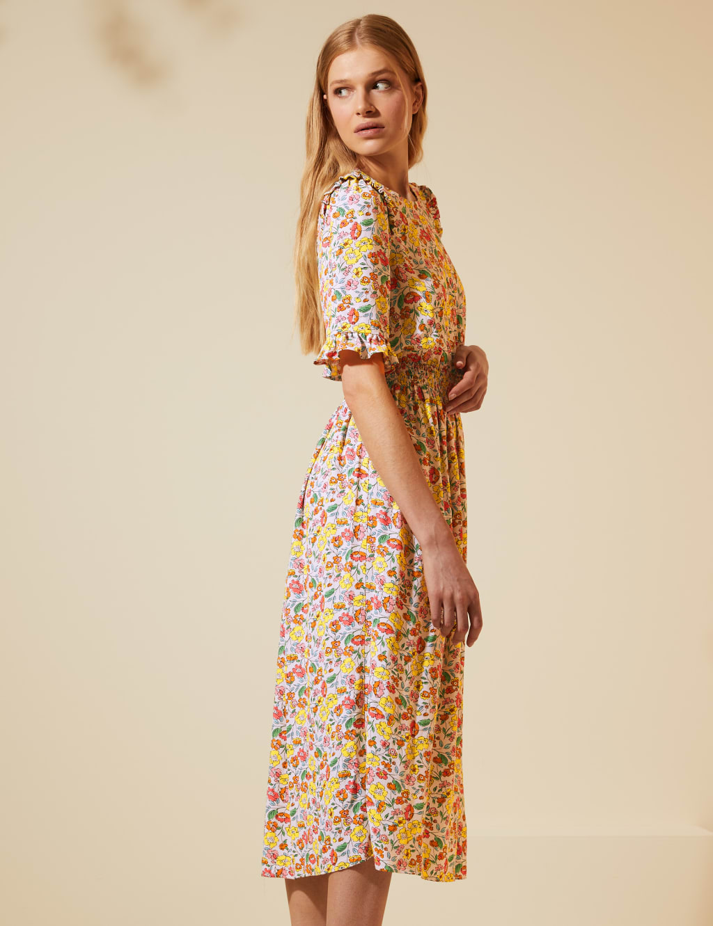 Floral Frill Detail Shirred Midi Tea Dress 7 of 9