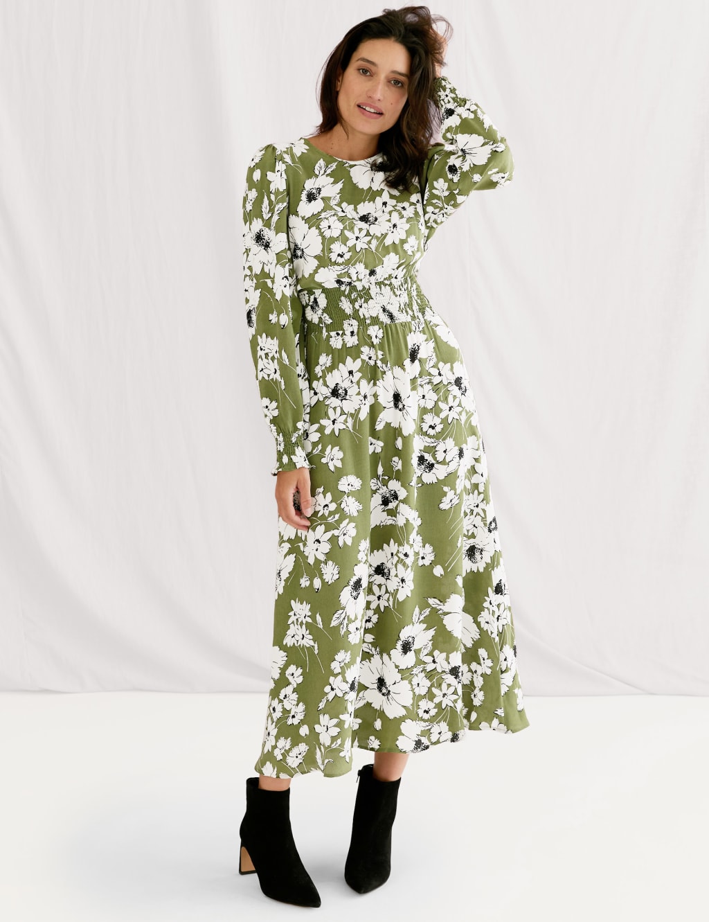 Floral Shirred Midi Waisted Dress 1 of 7