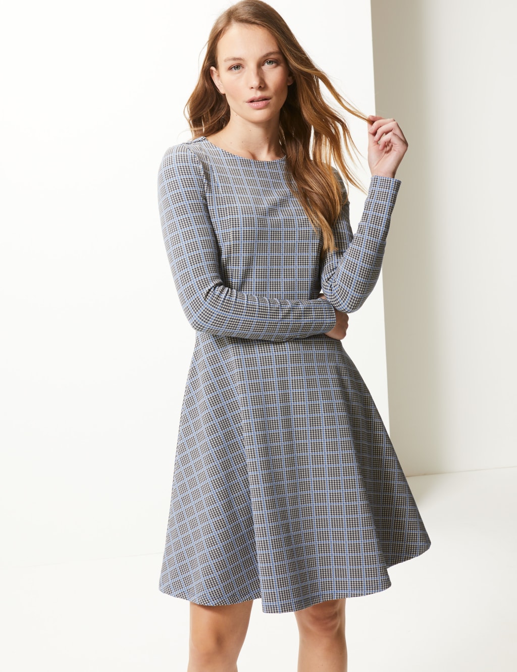 Checked Fit Flare Knee Length Dress M S Collection M S