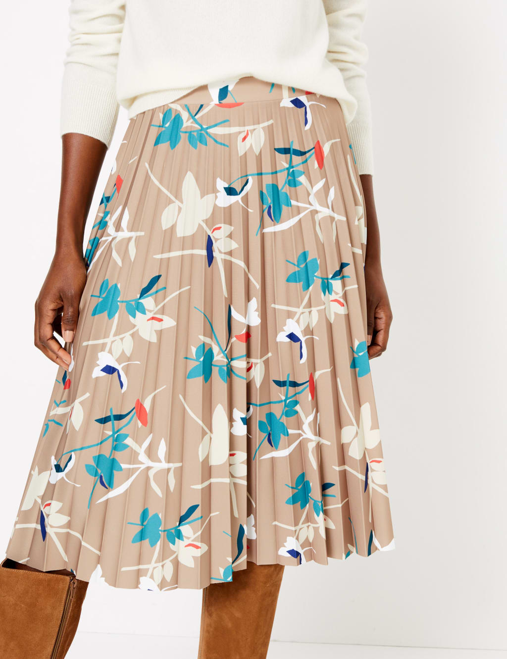 Jersey Leaf Print Pleated Midi Skirt M S Collection M S