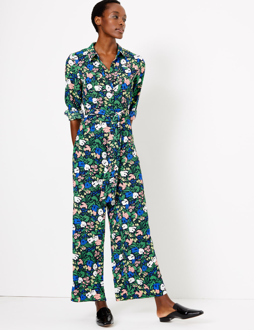 Floral Print Collared Neck Belted Jumpsuit M S Collection M S