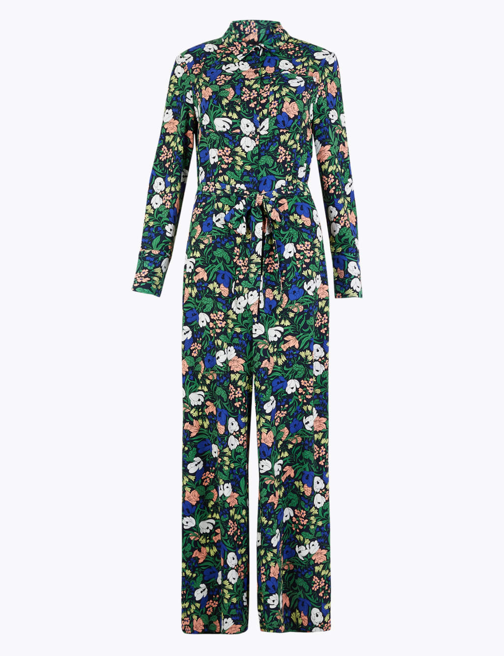 Floral Print Collared Neck Belted Jumpsuit M S Collection M S
