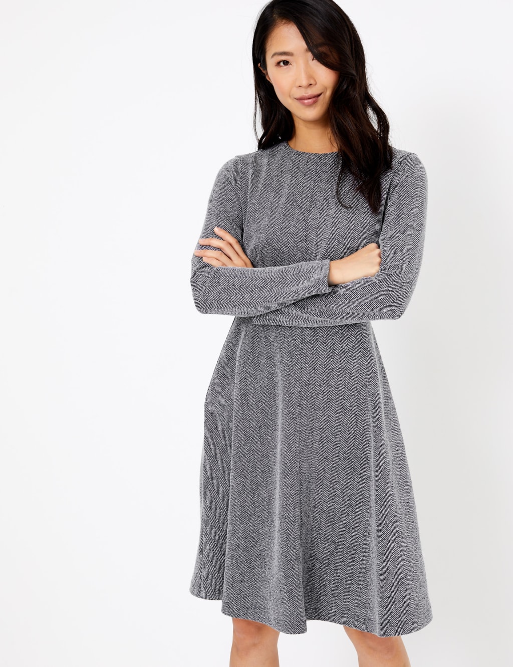 Cotton Blend Herringbone Fit Flare Dress M S Collection M S