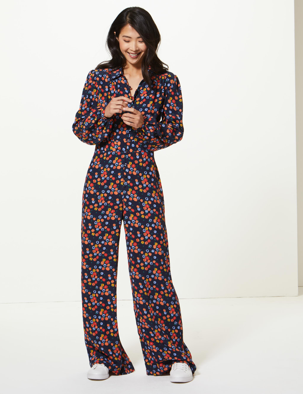 Floral Print Button Detailed Jumpsuit M S Collection M S