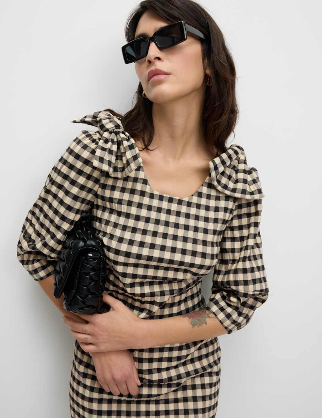 Gingham Round Neck Puff Sleeve Mini Shift Dress 3 of 6