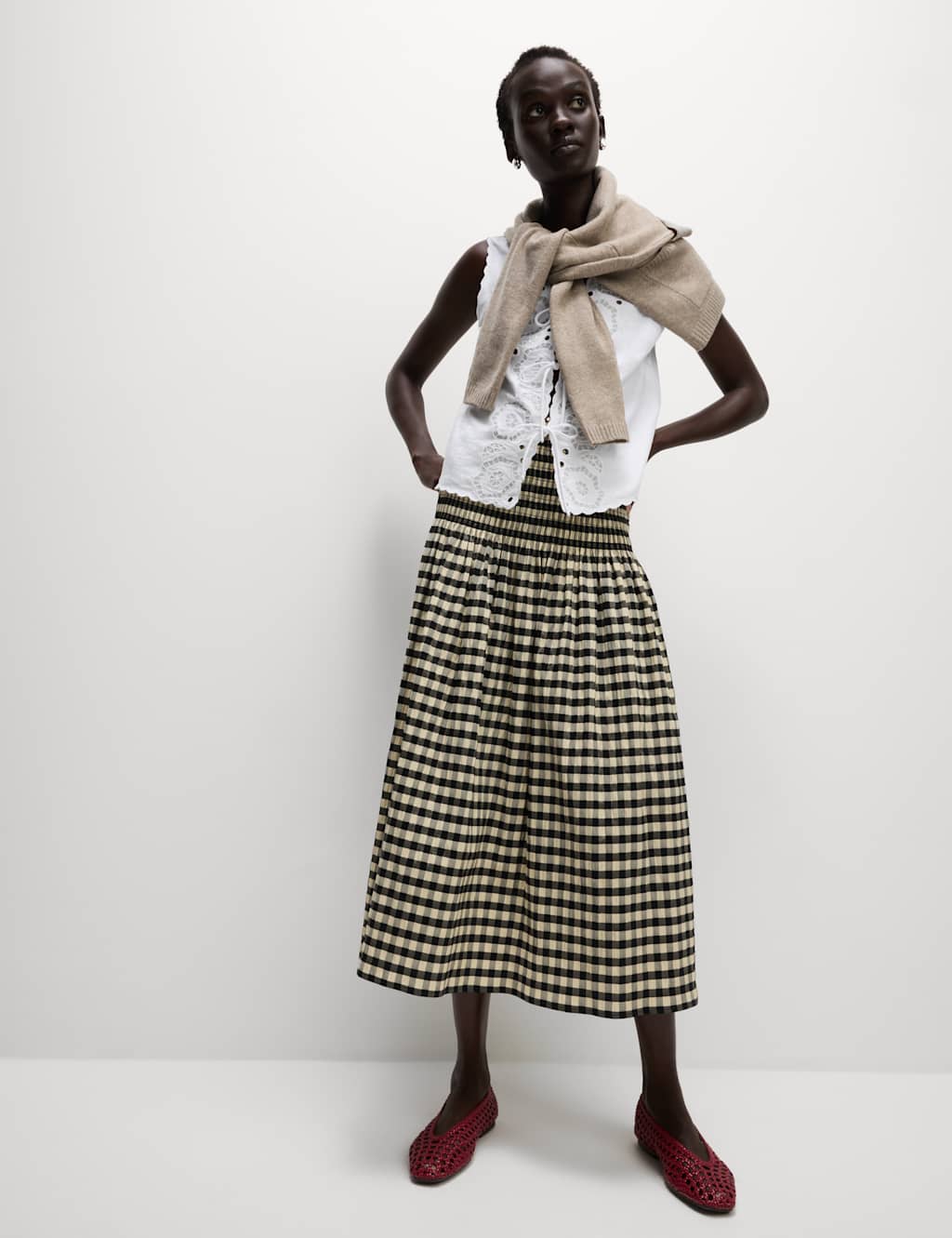 Cotton Blend Checked Midaxi A Line Skirt 3 of 6
