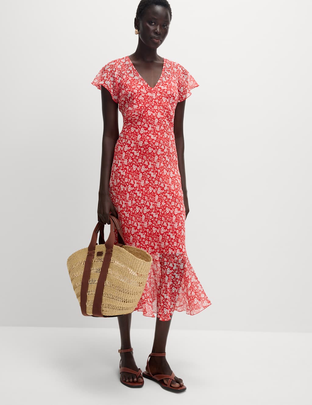 Chiffon Floral V-Neck Angel Sleeve Midaxi Tea Dress 3 of 5