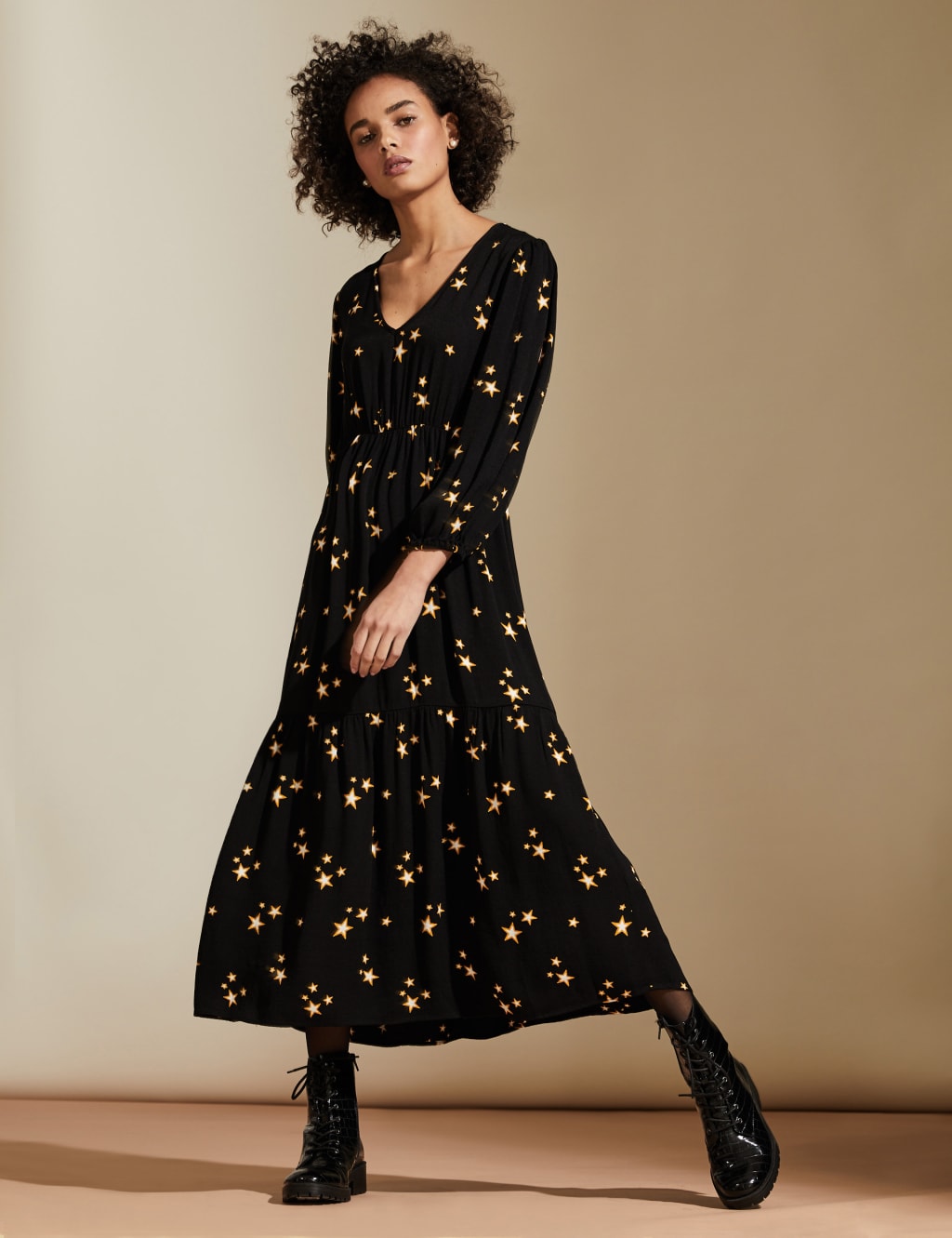 Star Print V Neck Midaxi Tiered Dress M S X GHOST M S