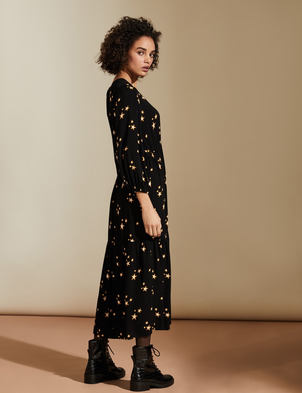 Star Print V Neck Midaxi Tiered Dress M S X GHOST M S