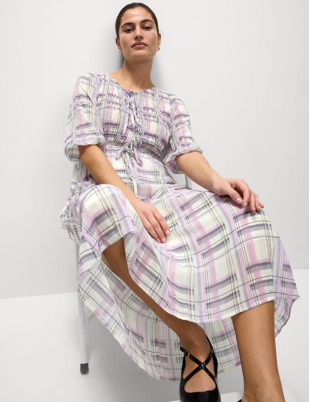 Printed Tie Front Midaxi Shirred Dress 1 of 4