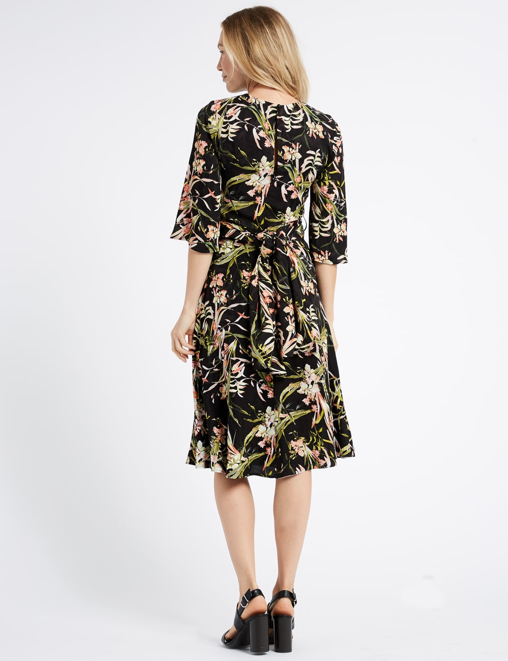 Floral Jacquard 3 4 Sleeve Skater Midi Dress M S Collection M S