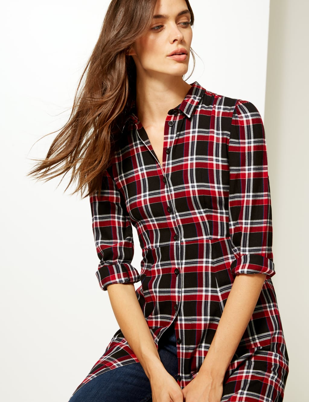 Checked long sleeve dress top