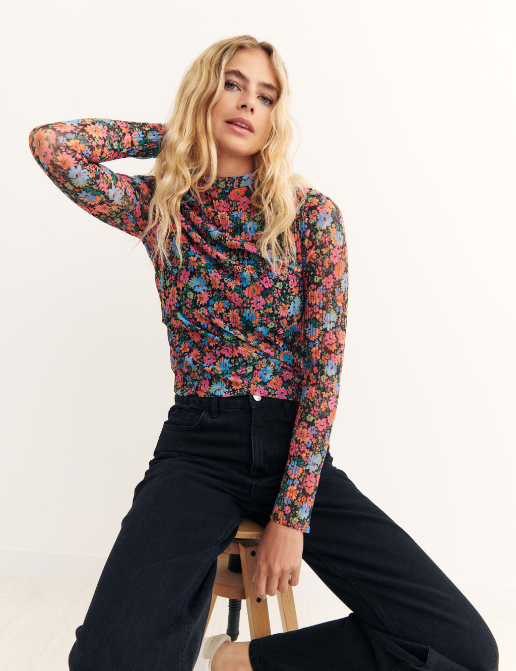 Sheer floral long sleeve top cheap