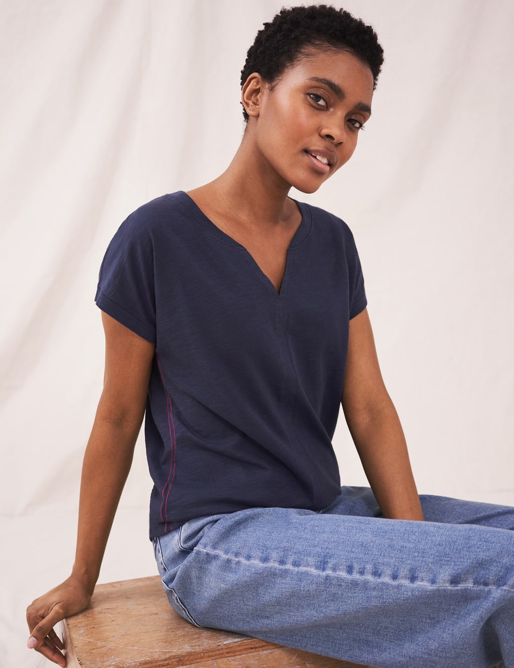 Pure Cotton Notch Neck Short Sleeve T-Shirt 1 of 4