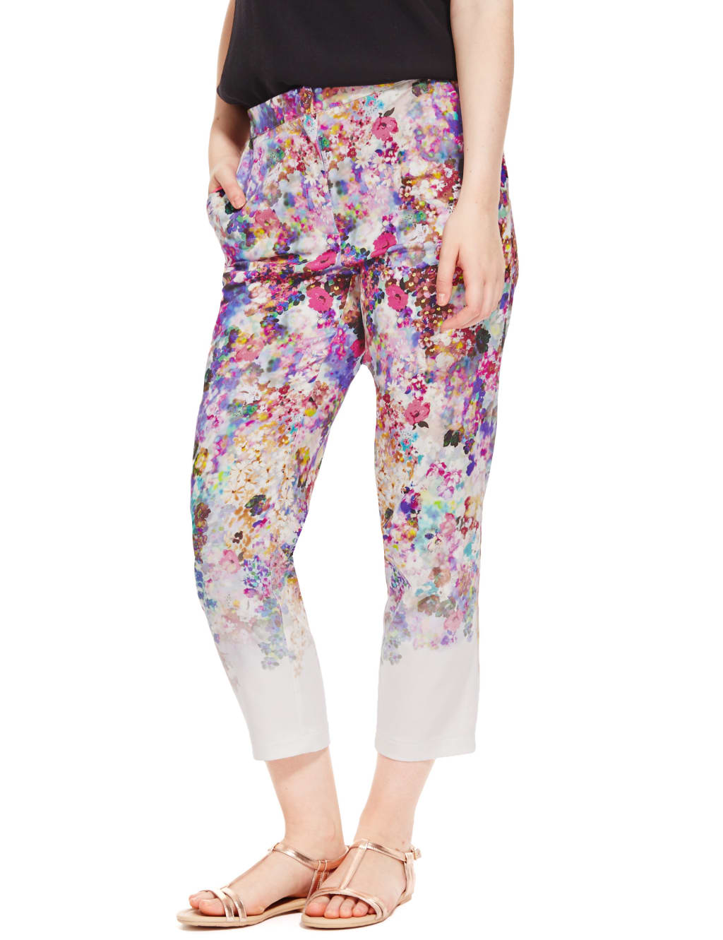 PETITE Cotton Rich Floral Tapered Leg Trousers M S Collection M S