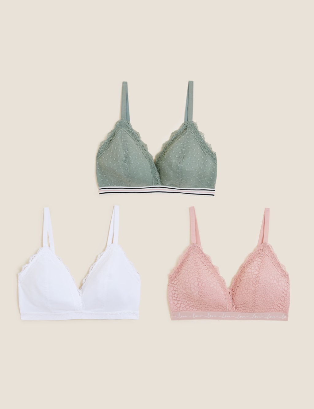 3pk Lace Trim Non Wired Bralettes A-E 1 of 9