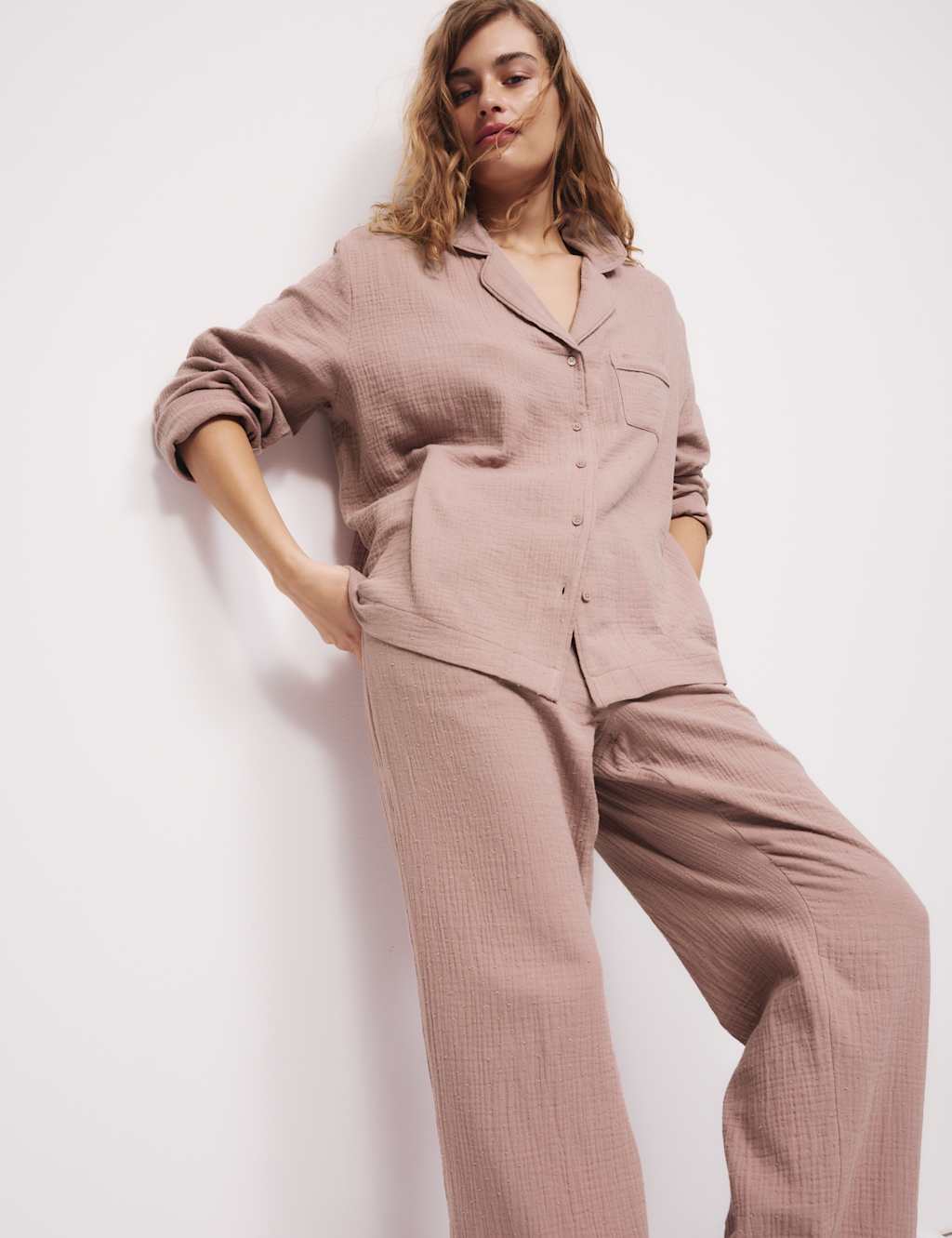 Pure Cotton Dobby Muslin Revere Pyjama Set 3 of 5