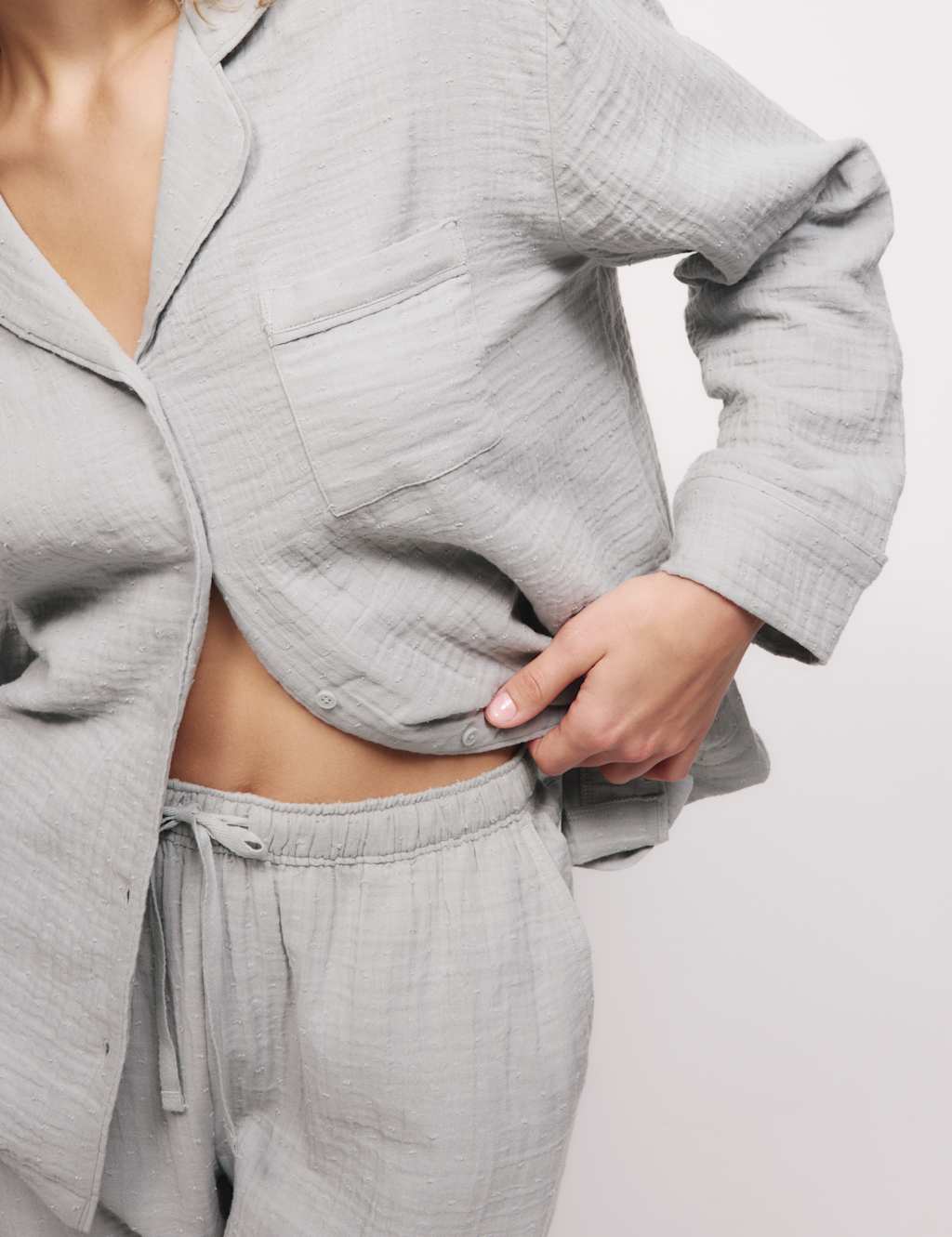 Pure Cotton Dobby Muslin Revere Pyjama Set 3 of 5