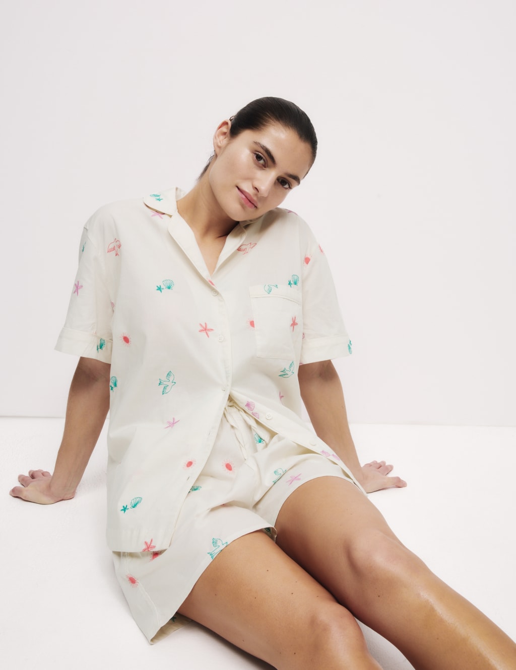 Pure Cotton Revere Embroidered Shortie Set 5 of 5